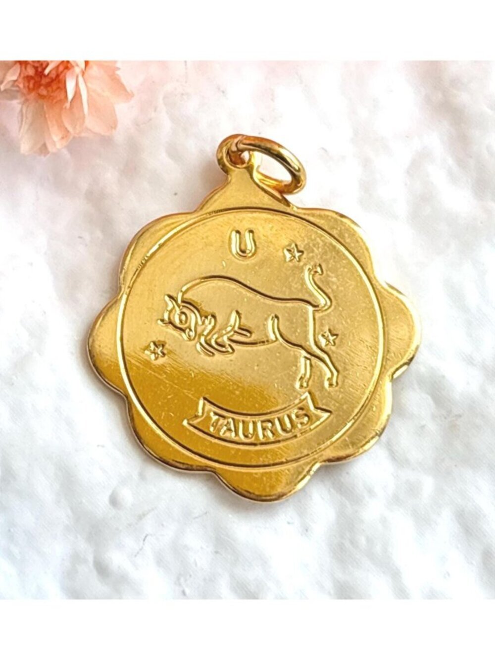 Taurus Zodiac Scalloped Gold Toned Vintage Pendant Necklace w/ Black Rope - 26"